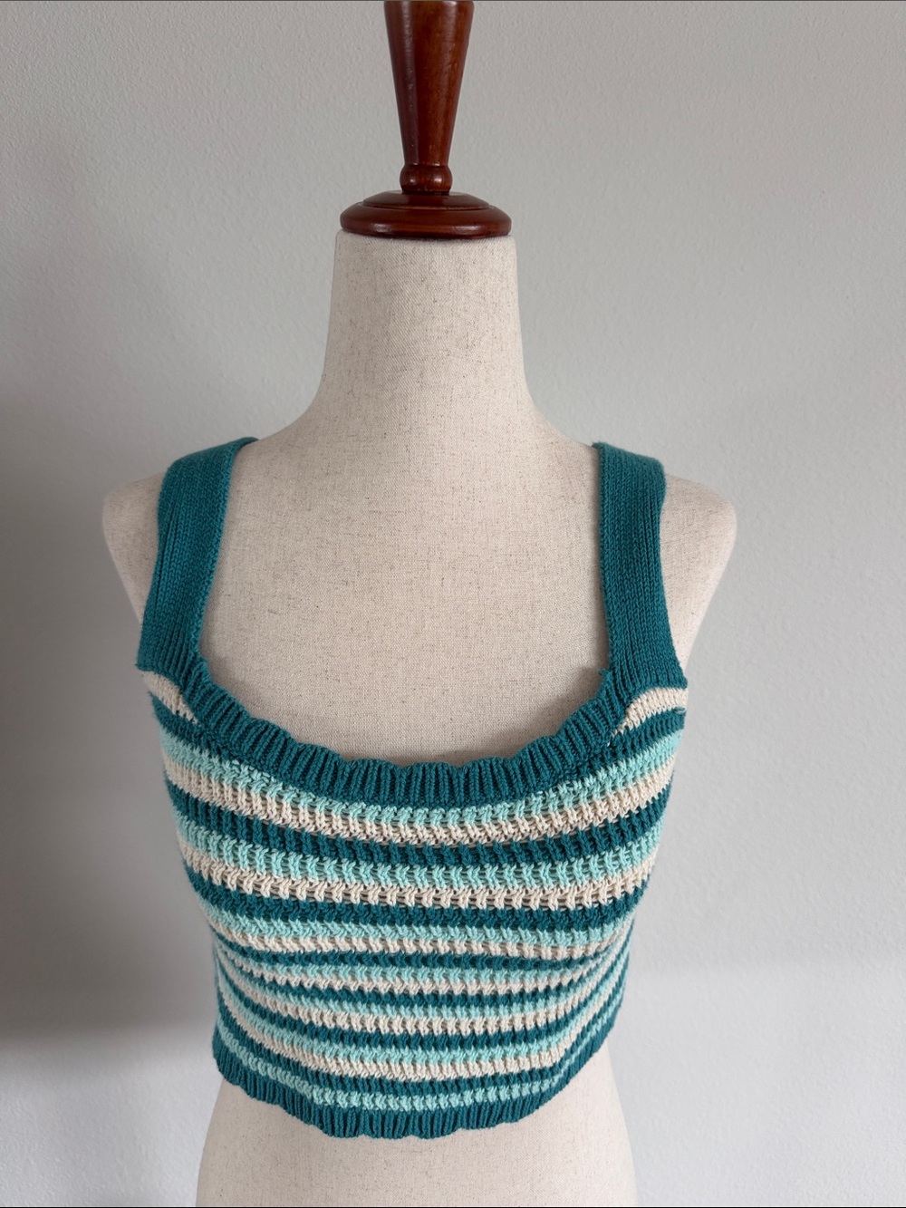 Striped Knit Cropped Tank Top in Teal and Cream